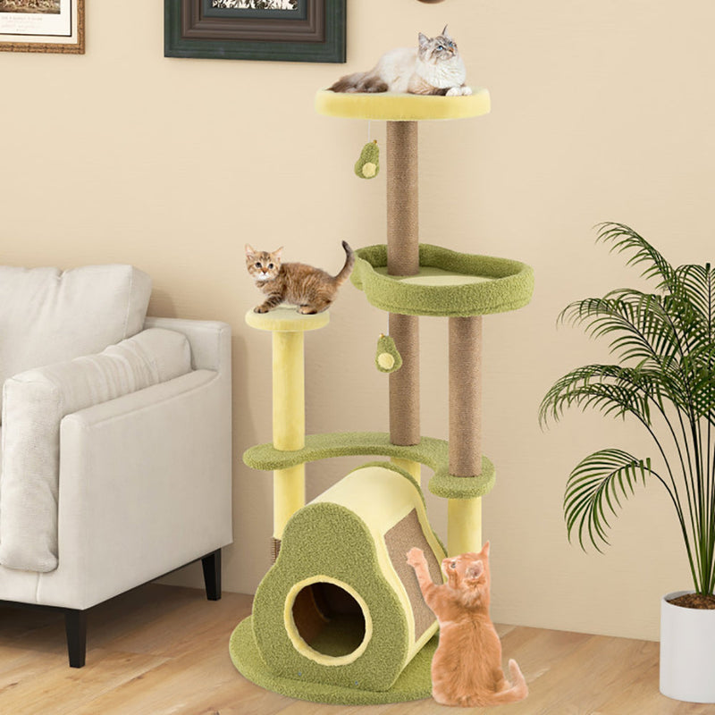 HKM-7147709 Multi-Level Cat Tower with Avocado-Shaped Platform and Cozy Cat House