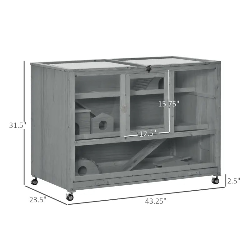 HKM-7148093 Wooden 3-Tier Hamster Cage with Ladder and Rolling Wheels for Small Animals, Dark Gray