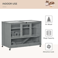 HKM-7148093 Wooden 3-Tier Hamster Cage with Ladder and Rolling Wheels for Small Animals, Dark Gray