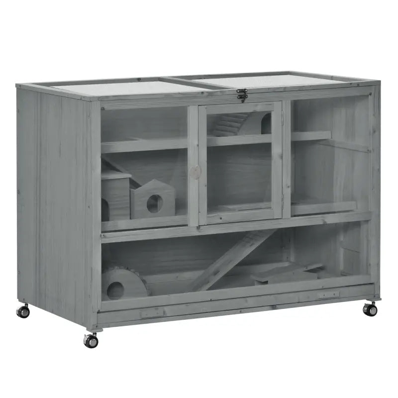 HKM-7148093 Wooden 3-Tier Hamster Cage with Ladder and Rolling Wheels for Small Animals, Dark Gray