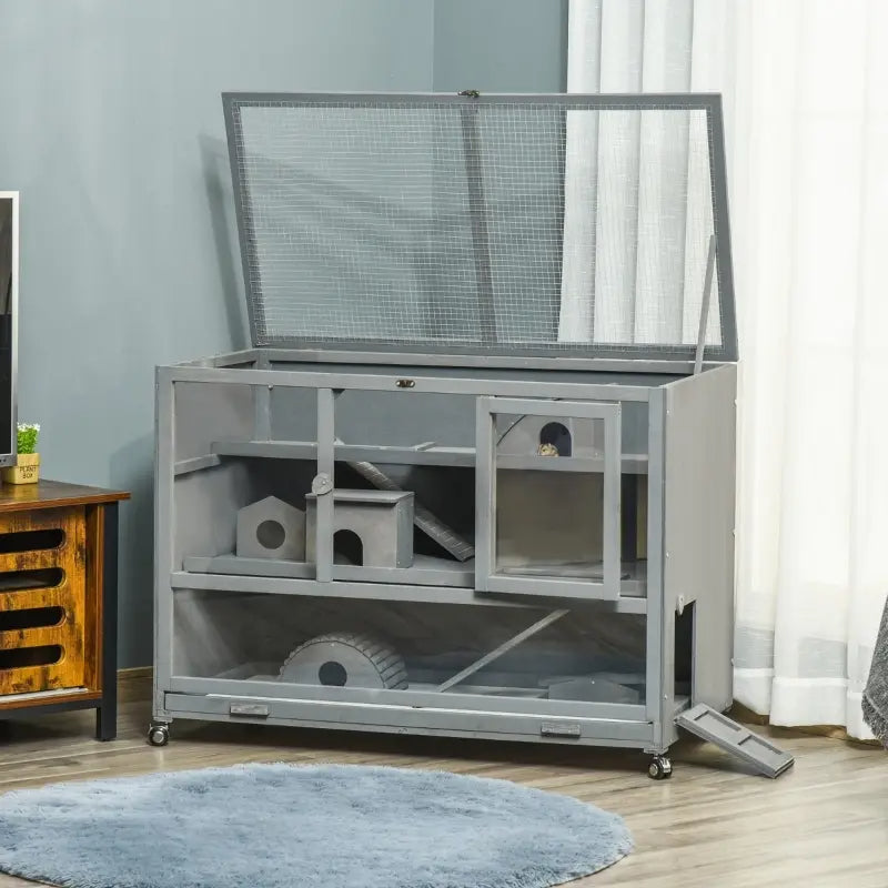 HKM-7148093 Wooden 3-Tier Hamster Cage with Ladder and Rolling Wheels for Small Animals, Dark Gray