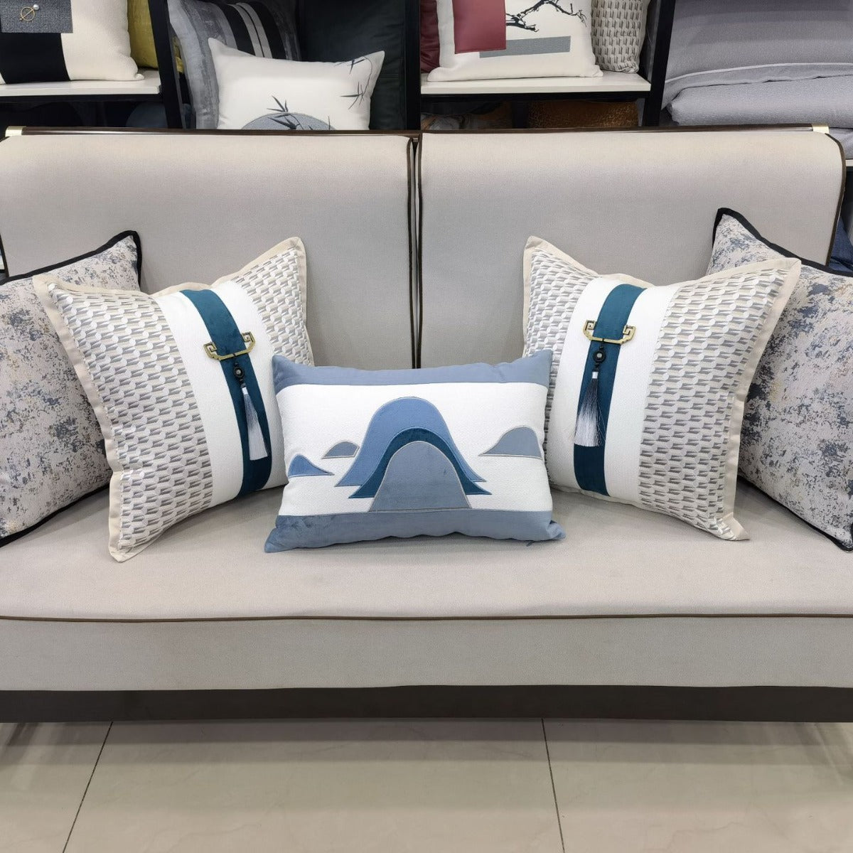 HKM-714899 New Chinese Modern Luxury Style Pillow - Blue 50x50cm & 35x50cm Options