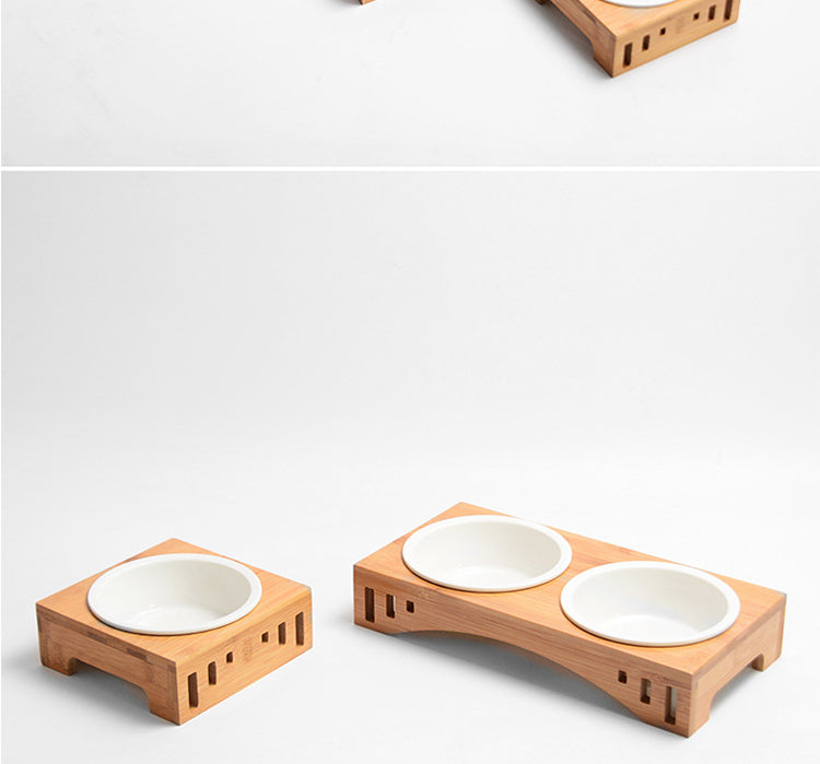 HKM-7150397 Bamboo Wood Arched Pet Bowl with Easy-Clean Bone China Insert