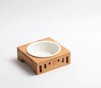 HKM-7150397 Bamboo Wood Arched Pet Bowl with Easy-Clean Bone China Insert