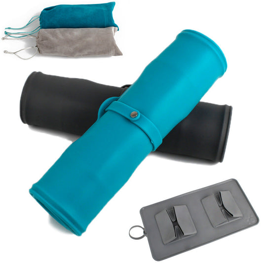 HKM-7150653 Folding Double Bowl Dog and Cat Feeding Set with Velvet Bag - Blue Gray Silicone Design
