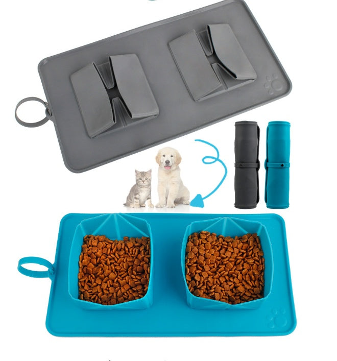 HKM-7150653 Folding Double Bowl Dog and Cat Feeding Set with Velvet Bag - Blue Gray Silicone Design