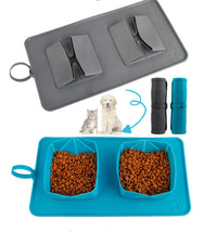 HKM-7150653 Folding Double Bowl Dog and Cat Feeding Set with Velvet Bag - Blue Gray Silicone Design