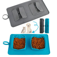 HKM-7150653 Folding Double Bowl Dog and Cat Feeding Set with Velvet Bag - Blue Gray Silicone Design
