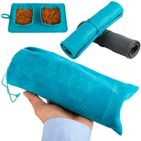 HKM-7150653 Folding Double Bowl Dog and Cat Feeding Set with Velvet Bag - Blue Gray Silicone Design