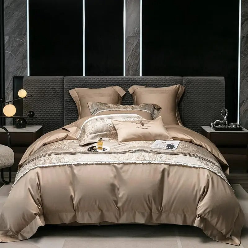 HKM-715411 Long-staple Cotton Jacquard Four-Piece Bedding Set with Duvet Cover and Pillowcases