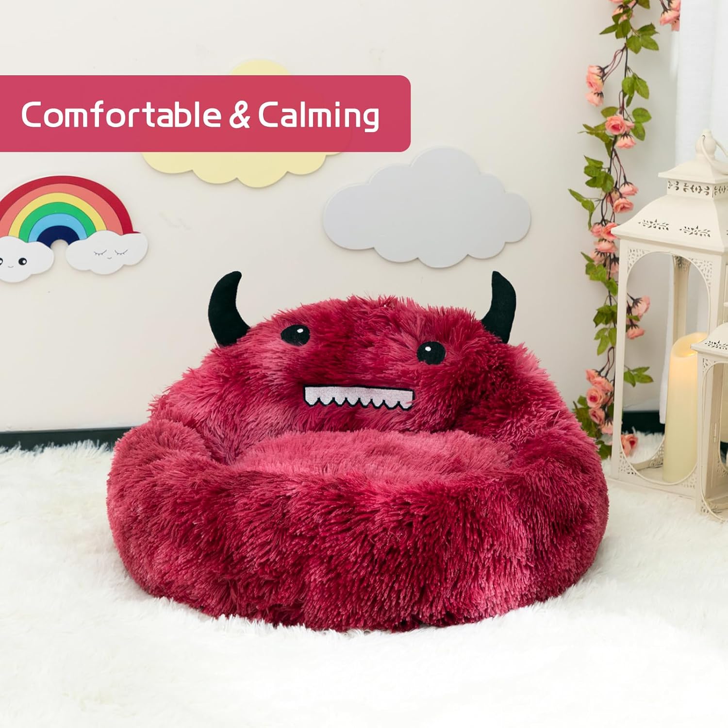 HKM-7157437 Self-Warming Round Faux Fur Pet Bed for Cats and Dogs - Cozy Monster Design, Durable Cushion, Multiple Sizes Available
