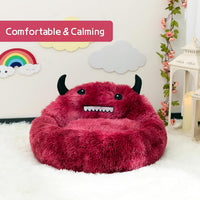 HKM-7157437 Self-Warming Round Faux Fur Pet Bed for Cats and Dogs - Cozy Monster Design, Durable Cushion, Multiple Sizes Available