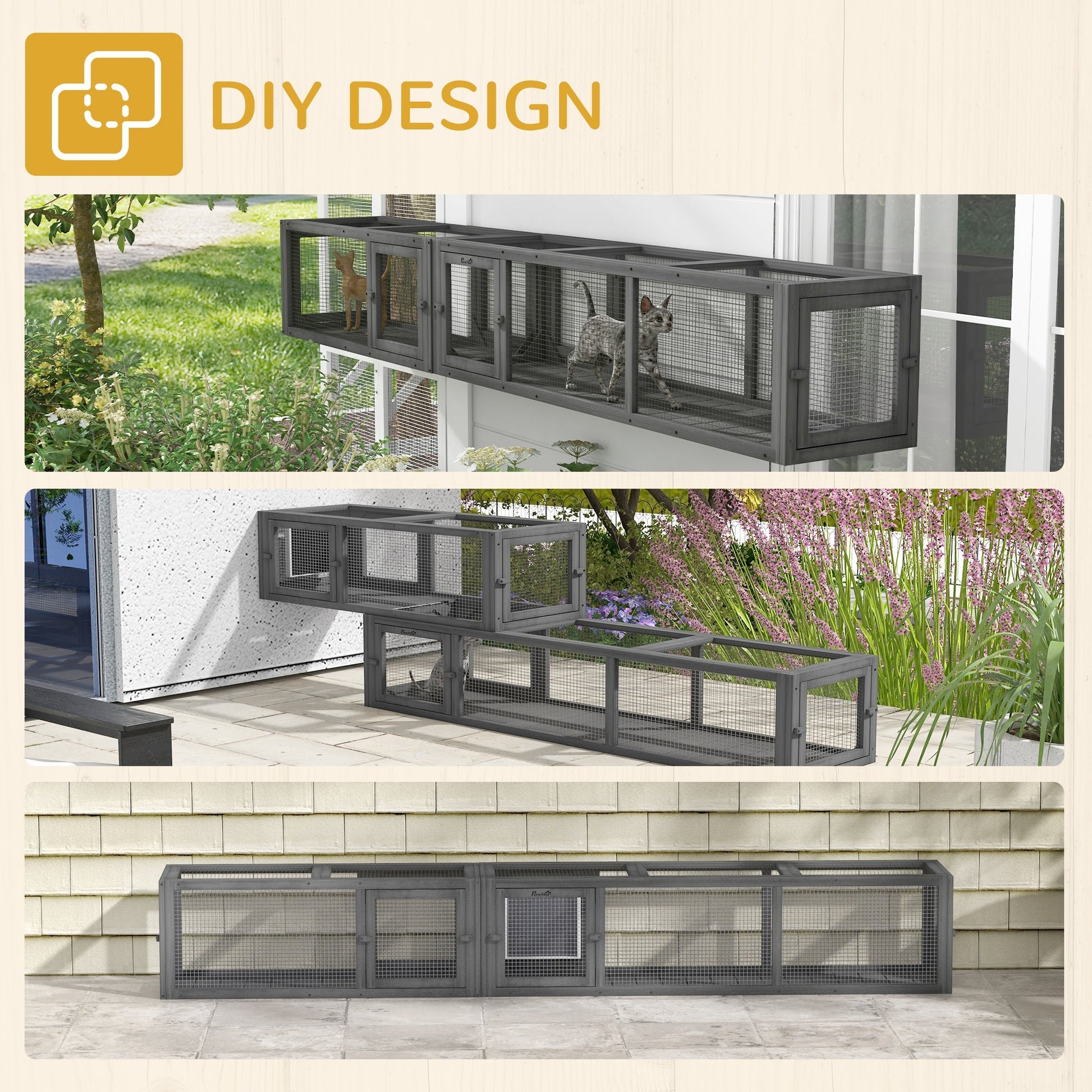 HKM-7159997 Dark Gray Wooden Cat Tunnel with 8 Doors – Outdoor Play Tunnel for Cats Under 10 lbs