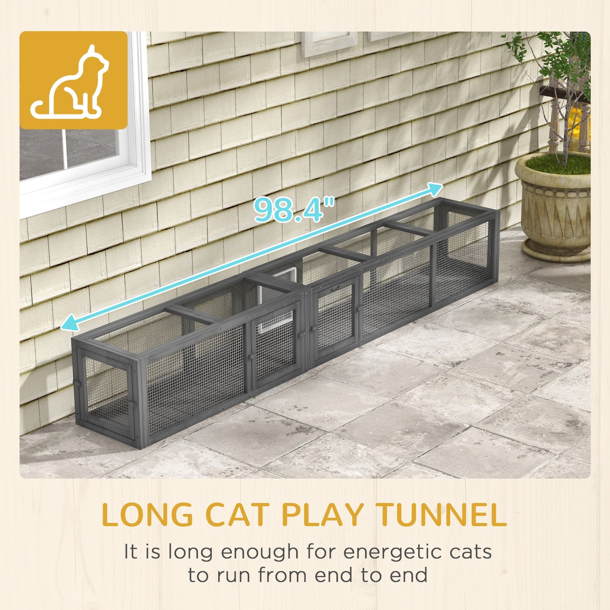 HKM-7159997 Dark Gray Wooden Cat Tunnel with 8 Doors – Outdoor Play Tunnel for Cats Under 10 lbs