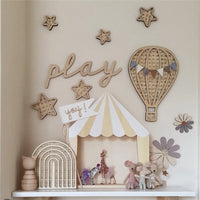 HKM-716179 Wooden Rattan Hot Air Balloon and Celestial Wall Decor for Children's Room