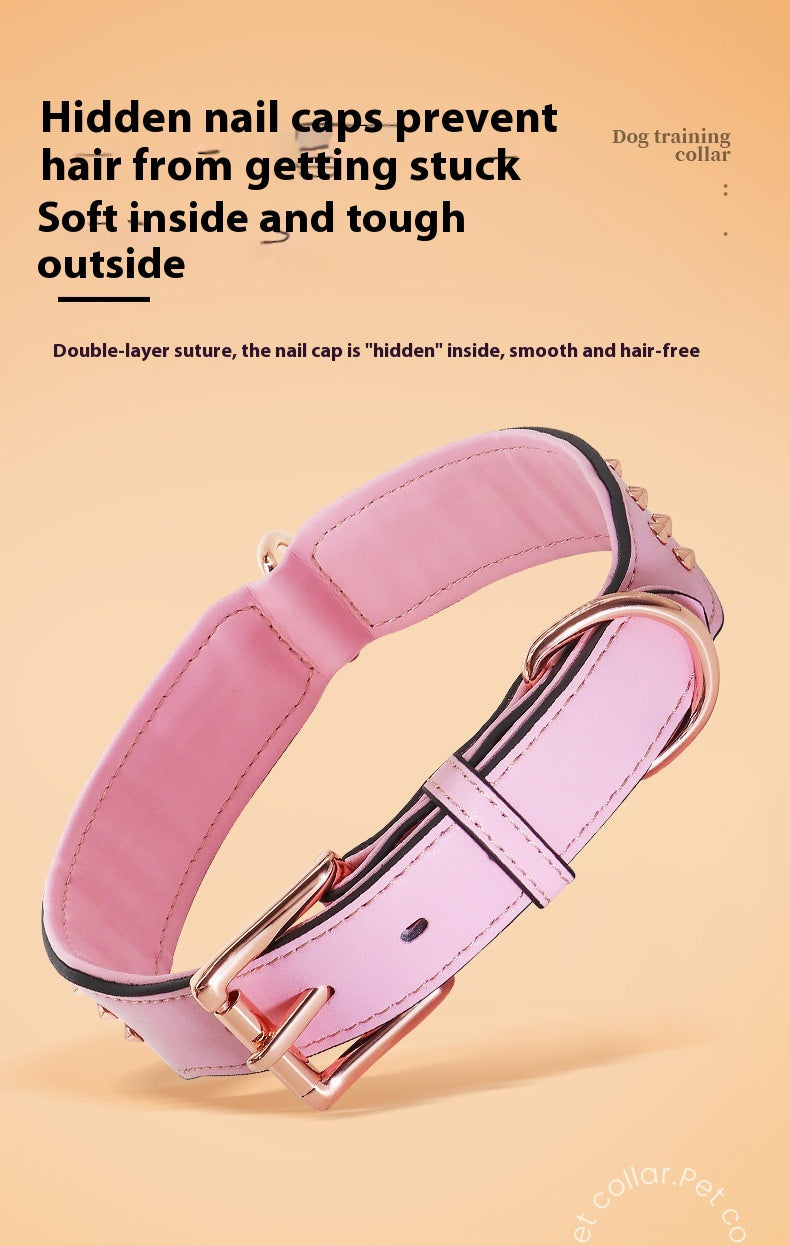 HKM-7161917 Leather Rivet Dog Collar - Anti-Bite, Available in Chocolate, Pink, and Black, Suitable for All Seasons