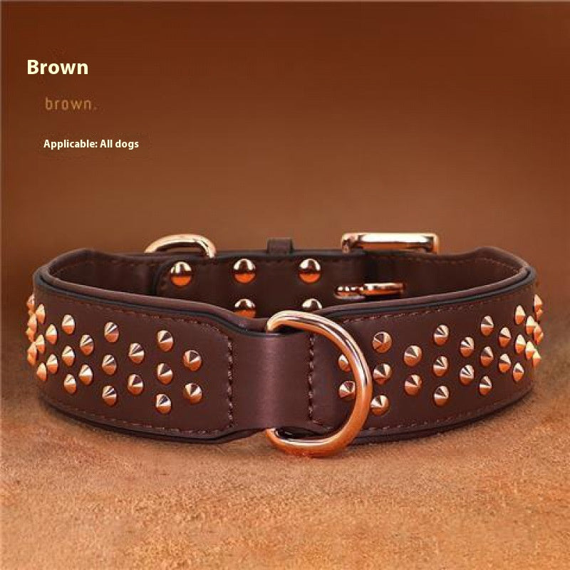 HKM-7161917 Leather Rivet Dog Collar - Anti-Bite, Available in Chocolate, Pink, and Black, Suitable for All Seasons