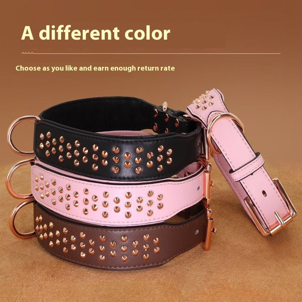 HKM-7161917 Leather Rivet Dog Collar - Anti-Bite, Available in Chocolate, Pink, and Black, Suitable for All Seasons