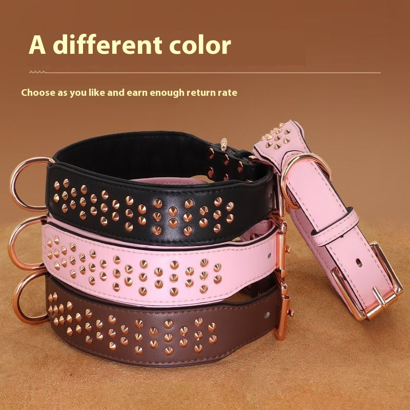 HKM-7161917 Leather Rivet Dog Collar - Anti-Bite, Available in Chocolate, Pink, and Black, Suitable for All Seasons