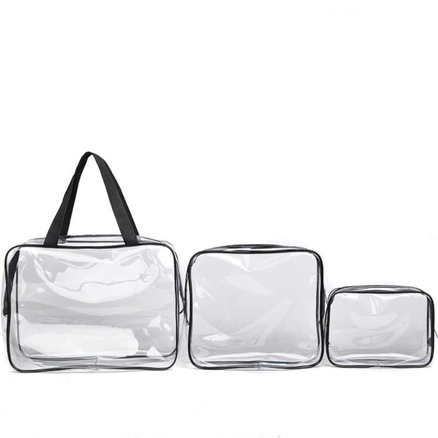 HKM-716307 Transparent PVC Travel Storage Bag Set – 3 Piece Toiletry Organizer for Cosmetics, Accessories, and More