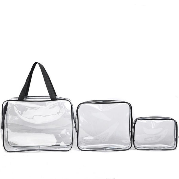 HKM-716307 Transparent PVC Travel Storage Bag Set – 3 Piece Toiletry Organizer for Cosmetics, Accessories, and More