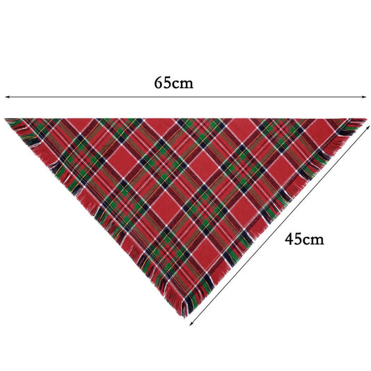 HKM-7165373 Fall Plaid Dog Bandana with Tassel Edges - Cozy Triangle Scarf for Thanksgiving and Everyday Wear