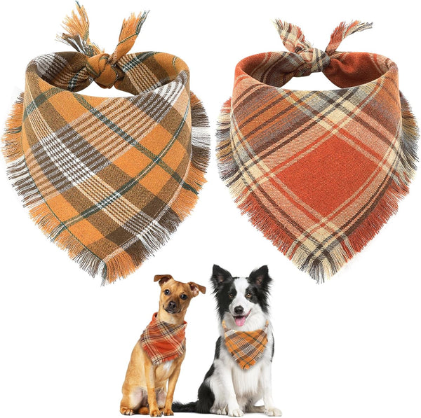 HKM-7165373 Fall Plaid Dog Bandana with Tassel Edges - Cozy Triangle Scarf for Thanksgiving and Everyday Wear
