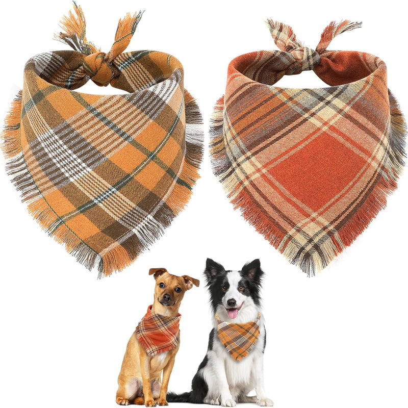 HKM-7165373 Fall Plaid Dog Bandana with Tassel Edges - Cozy Triangle Scarf for Thanksgiving and Everyday Wear
