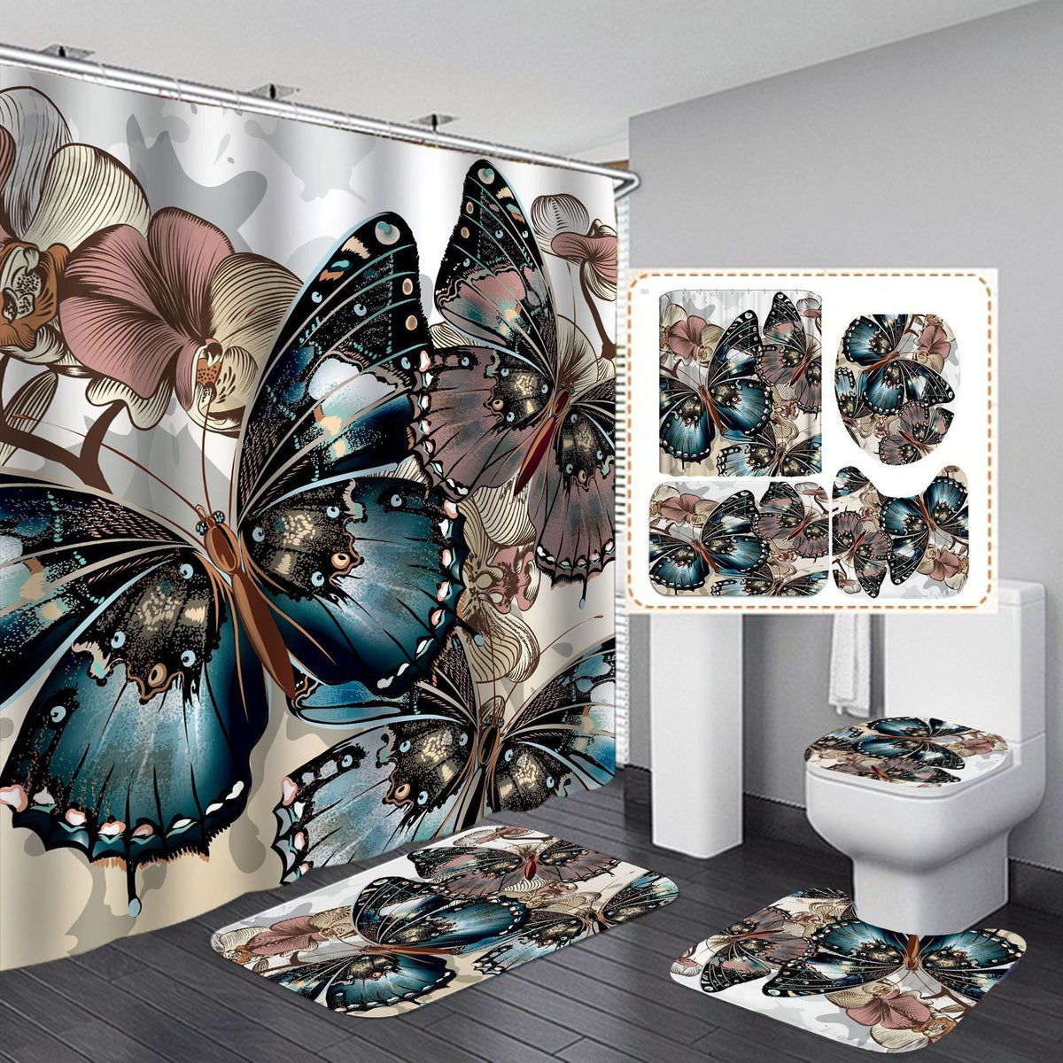 HKM-716947 Butterfly Pattern Polyester Shower Curtain - 180x200 cm
