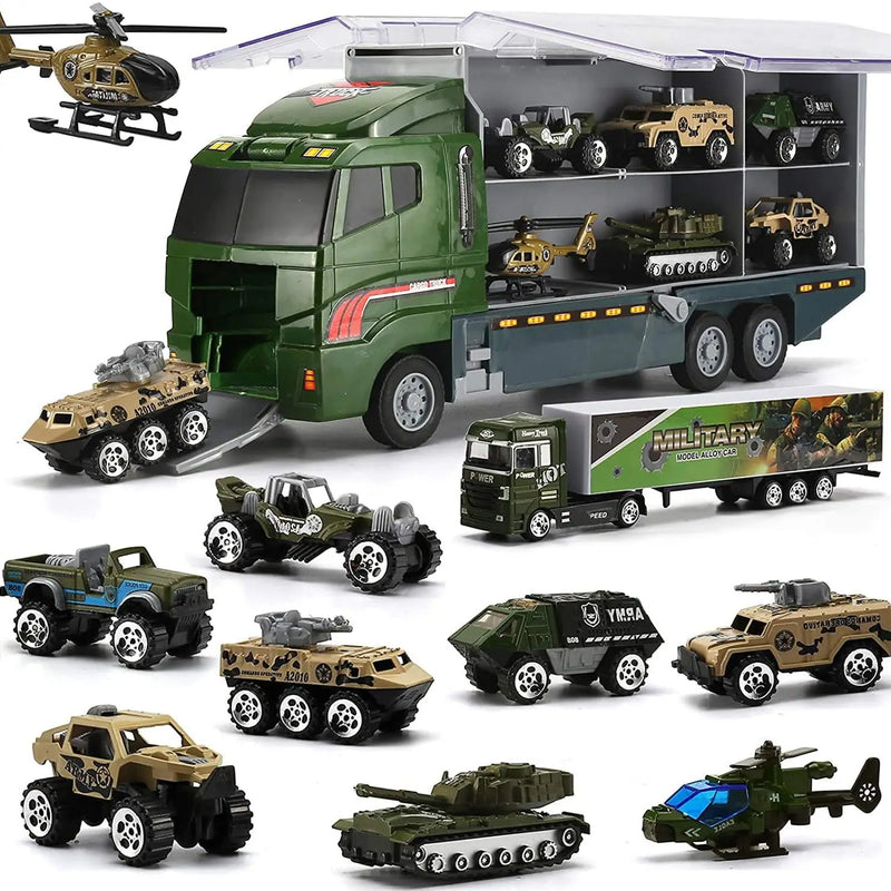 HKM-717203 Kids Pretend Play Police Station Set with Die Cast Army Vehicle Mini Battle Toy Car Carrier Truck