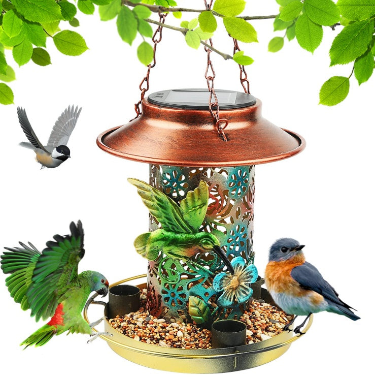 HKM-717331 Solar Bird Feeder and Garden Lantern - Outdoor Hanging Metal Feeder with S Hook for Bird Enthusiasts
