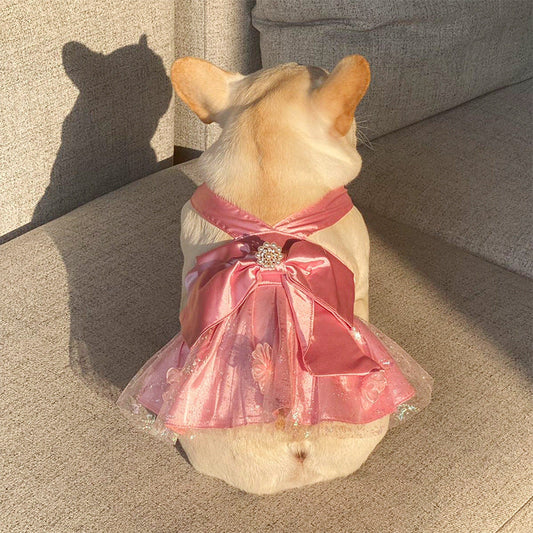 HKM-7173693 Pink Mesh Dress Skirt for Dogs and Cats with Bow and Pearl - Sizes S2 to 3XL