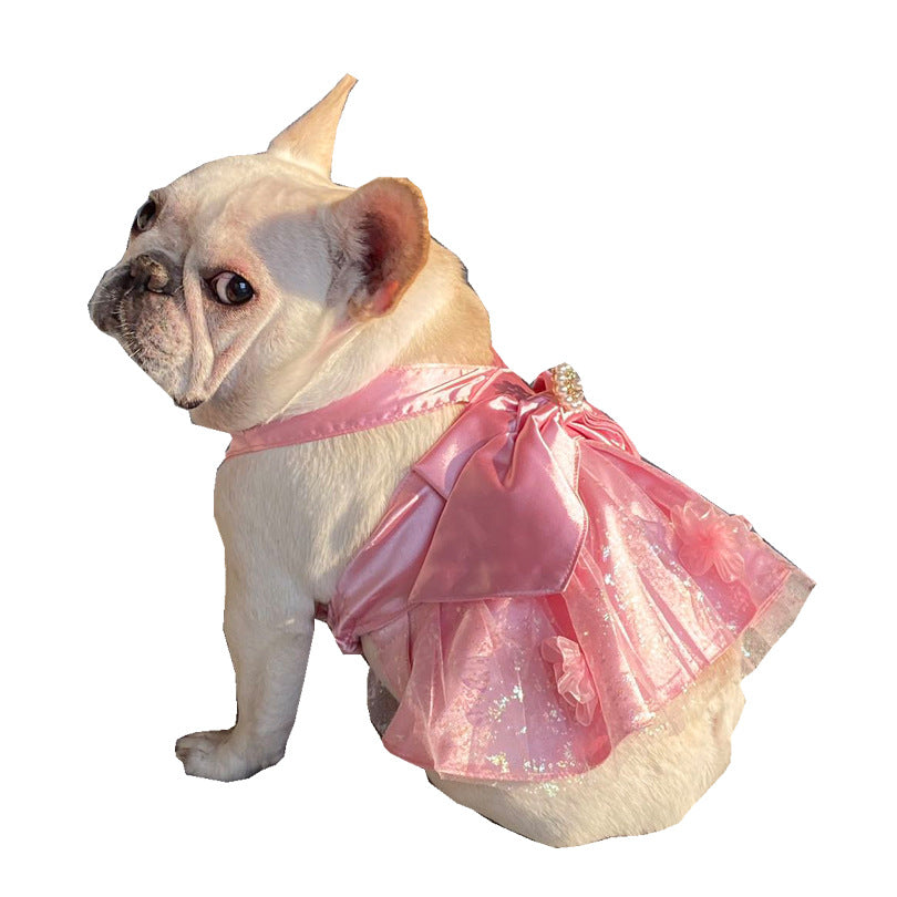 HKM-7173693 Pink Mesh Dress Skirt for Dogs and Cats with Bow and Pearl - Sizes S2 to 3XL