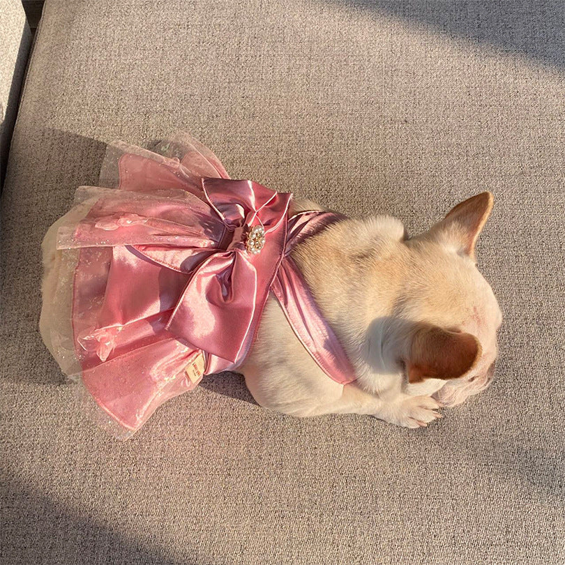 HKM-7173693 Pink Mesh Dress Skirt for Dogs and Cats with Bow and Pearl - Sizes S2 to 3XL