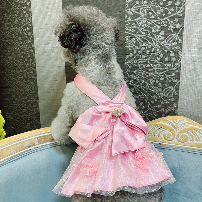 HKM-7173693 Pink Mesh Dress Skirt for Dogs and Cats with Bow and Pearl - Sizes S2 to 3XL