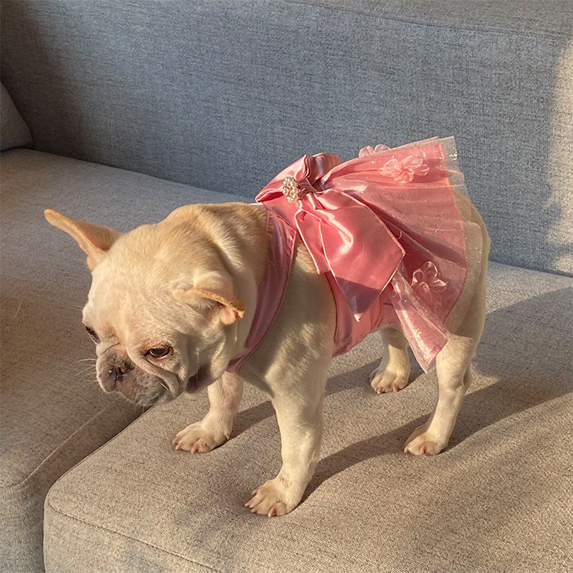 HKM-7173693 Pink Mesh Dress Skirt for Dogs and Cats with Bow and Pearl - Sizes S2 to 3XL