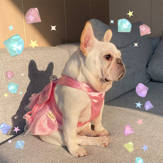 HKM-7173693 Pink Mesh Dress Skirt for Dogs and Cats with Bow and Pearl - Sizes S2 to 3XL
