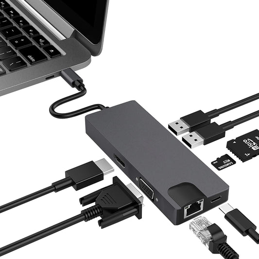 HKM-717587 USB-C Multiport Adapter with HDMI, VGA, USB Hub, and Card Reader for Notebooks