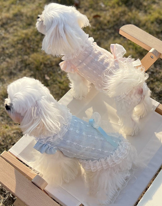 HKM-7177789 Chiffon Lace Bow Dress for Pets - Stylish Blue and Pink Skirt - Sizes 2XS to 3XL