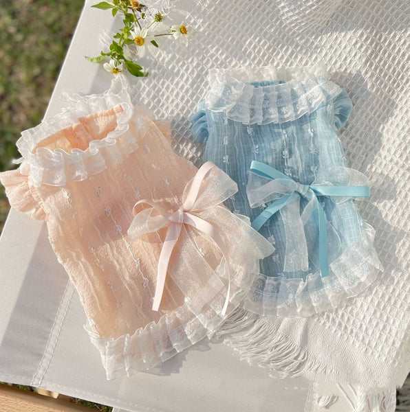 HKM-7177789 Chiffon Lace Bow Dress for Pets - Stylish Blue and Pink Skirt - Sizes 2XS to 3XL
