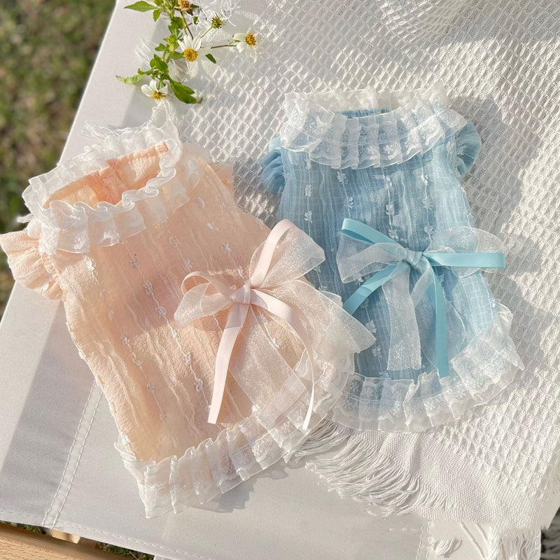 HKM-7177789 Chiffon Lace Bow Dress for Pets - Stylish Blue and Pink Skirt - Sizes 2XS to 3XL