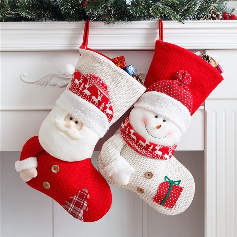 HKM-718163 Large Red and White Knitted Christmas Stocking with Santa Claus Design for Holiday Decoration and Gift Giving