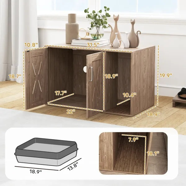 HKM-7182653 Cat Litter Box Enclosure with Scratching Board and Side Table Functionality - Walnut Brown, 31.5 x 19 x 20 Inch