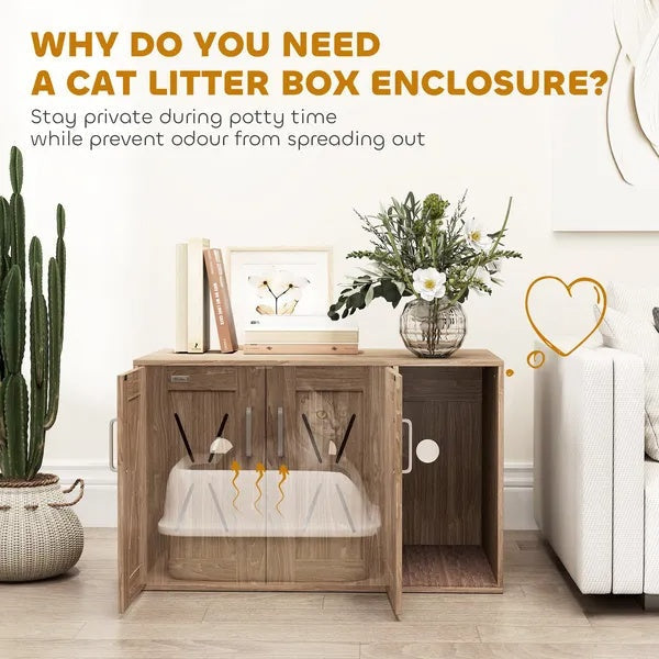 HKM-7182653 Cat Litter Box Enclosure with Scratching Board and Side Table Functionality - Walnut Brown, 31.5 x 19 x 20 Inch