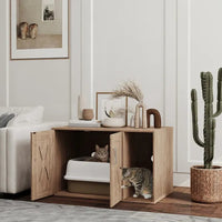 HKM-7182653 Cat Litter Box Enclosure with Scratching Board and Side Table Functionality - Walnut Brown, 31.5 x 19 x 20 Inch