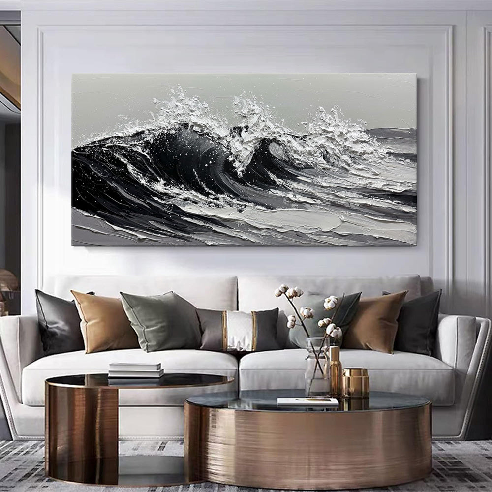 HKM-718483 Large Gray and White Seawaves Oil Painting on Canvas, Handmade Textured Wall Art for Living Room Decor
