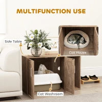 HKM-7188413 Cat Litter Box Enclosure with Scratching Board - Walnut Brown Side Table for Litter Box Storage