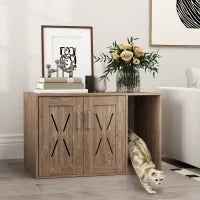 HKM-7188413 Cat Litter Box Enclosure with Scratching Board - Walnut Brown Side Table for Litter Box Storage