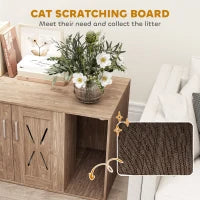 HKM-7188413 Cat Litter Box Enclosure with Scratching Board - Walnut Brown Side Table for Litter Box Storage