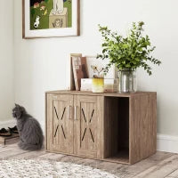 HKM-7188413 Cat Litter Box Enclosure with Scratching Board - Walnut Brown Side Table for Litter Box Storage